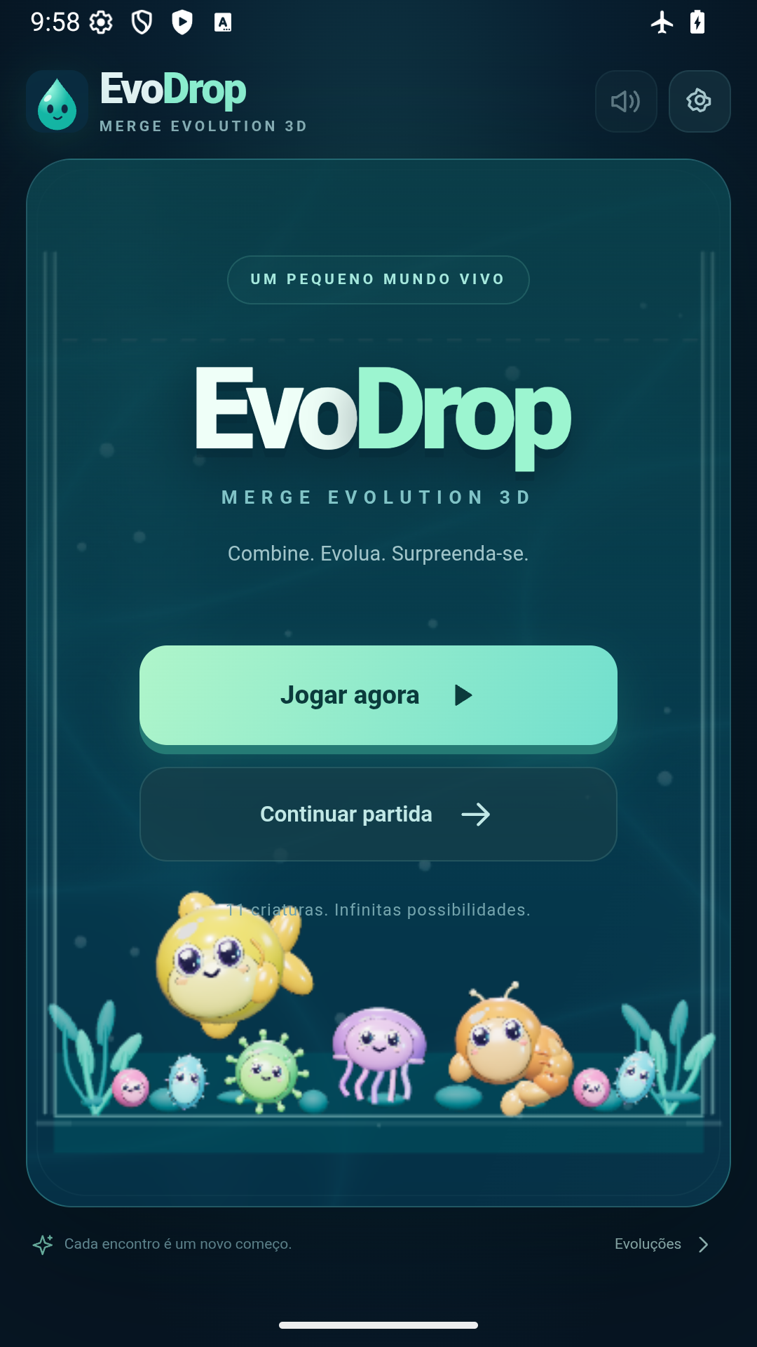 Menu do EvoDrop com criaturas no aquário e botões Jogar agora e Continuar partida.