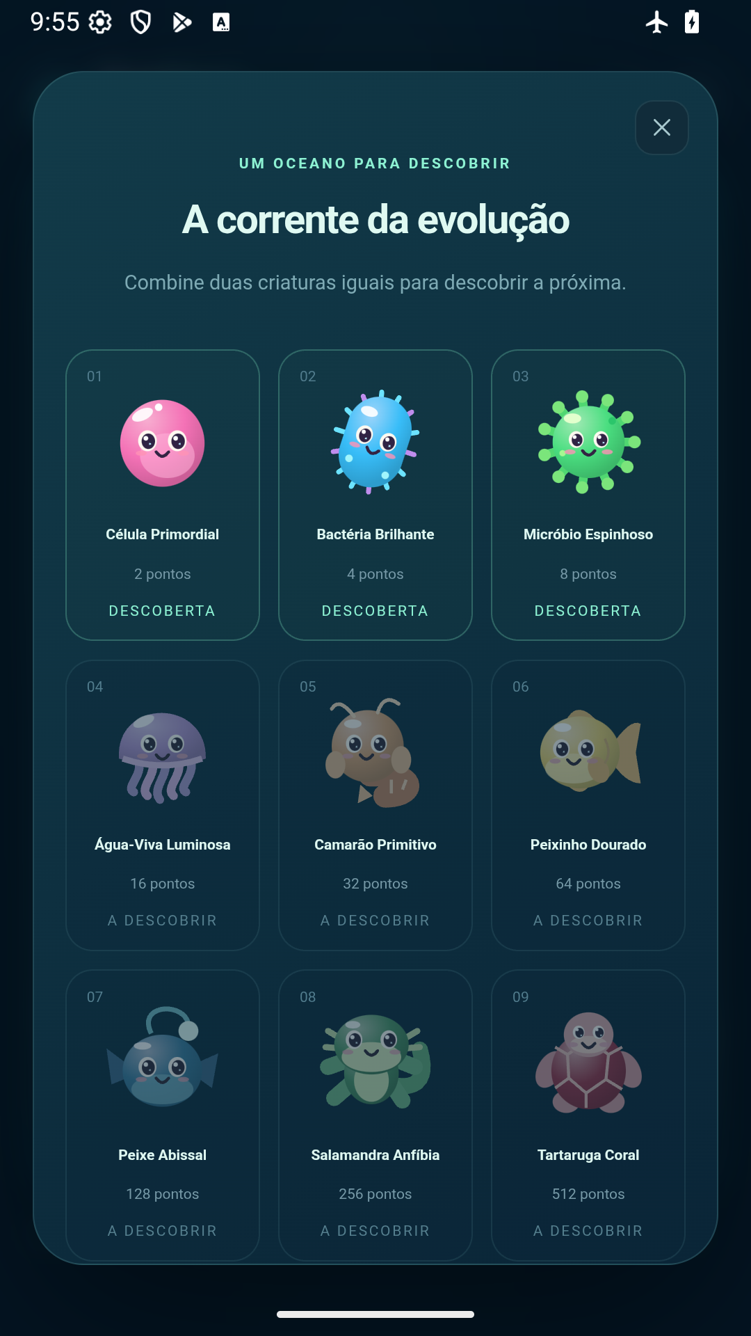 Coleção do EvoDrop mostrando espécies descobertas e outras ainda a descobrir na corrente da evolução.
