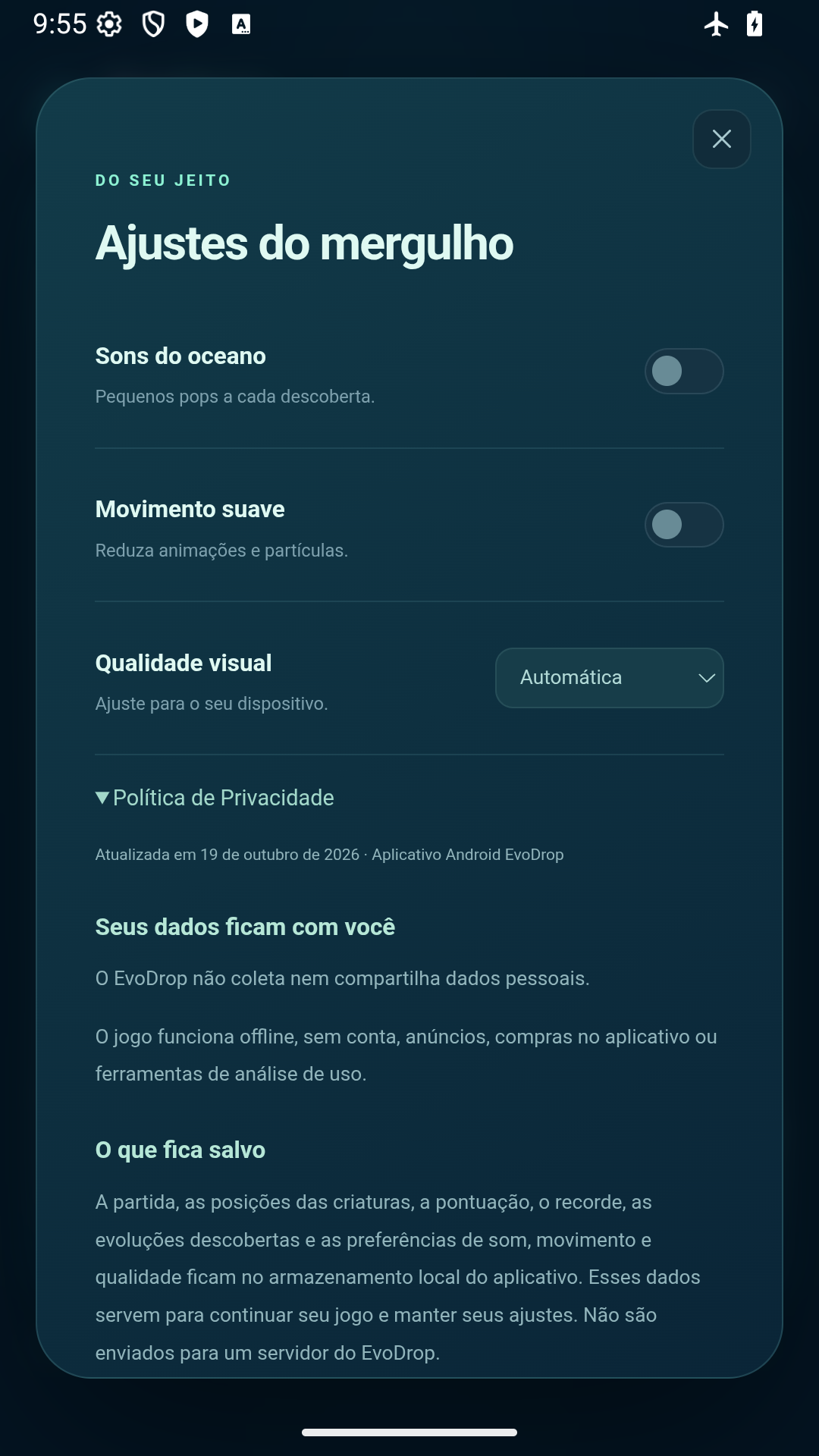 Ajustes do EvoDrop com opções de som, movimento e qualidade visual e a política de privacidade expandida.