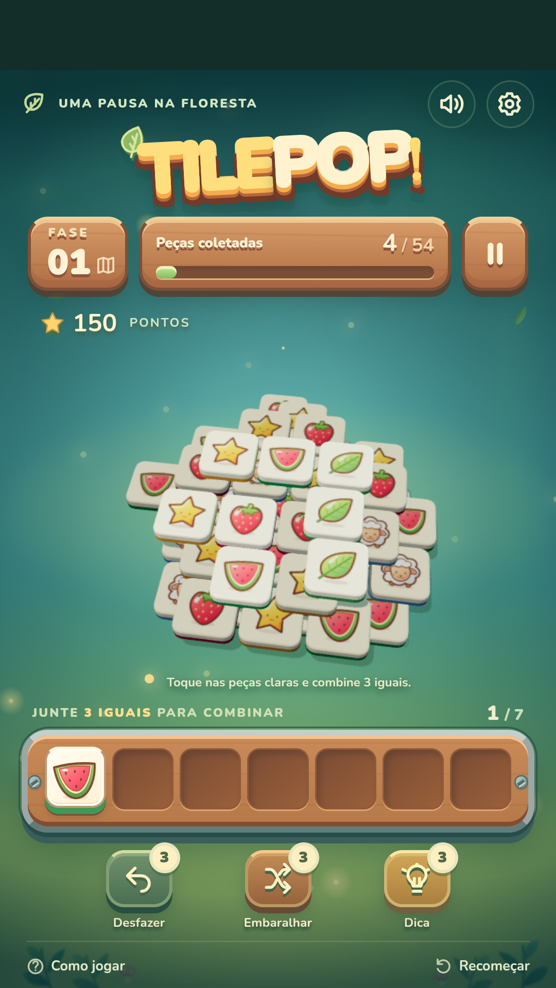 Partida de TilePop em andamento, com 150 pontos e uma peça de melancia na bandeja.