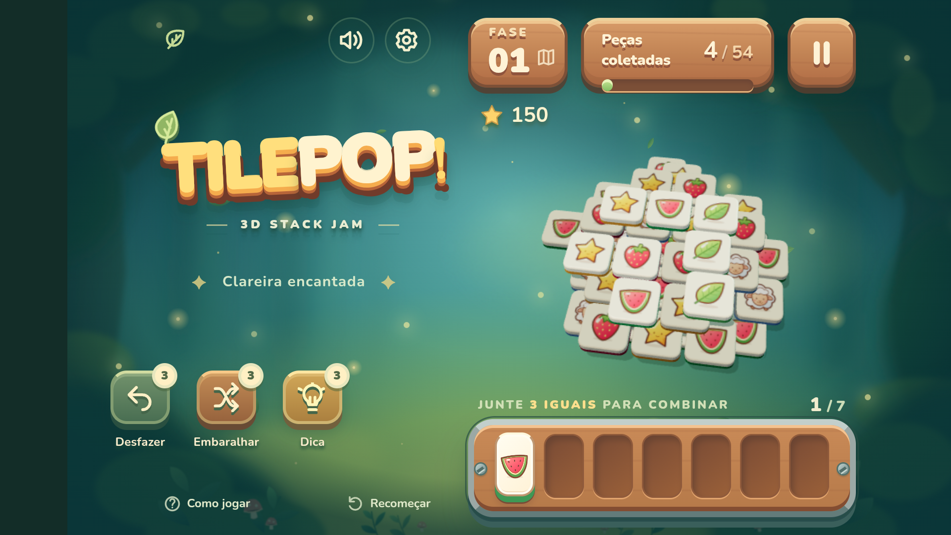 TilePop em orientação horizontal, com o nome do jogo à esquerda e o tabuleiro 3D e a bandeja à direita.
